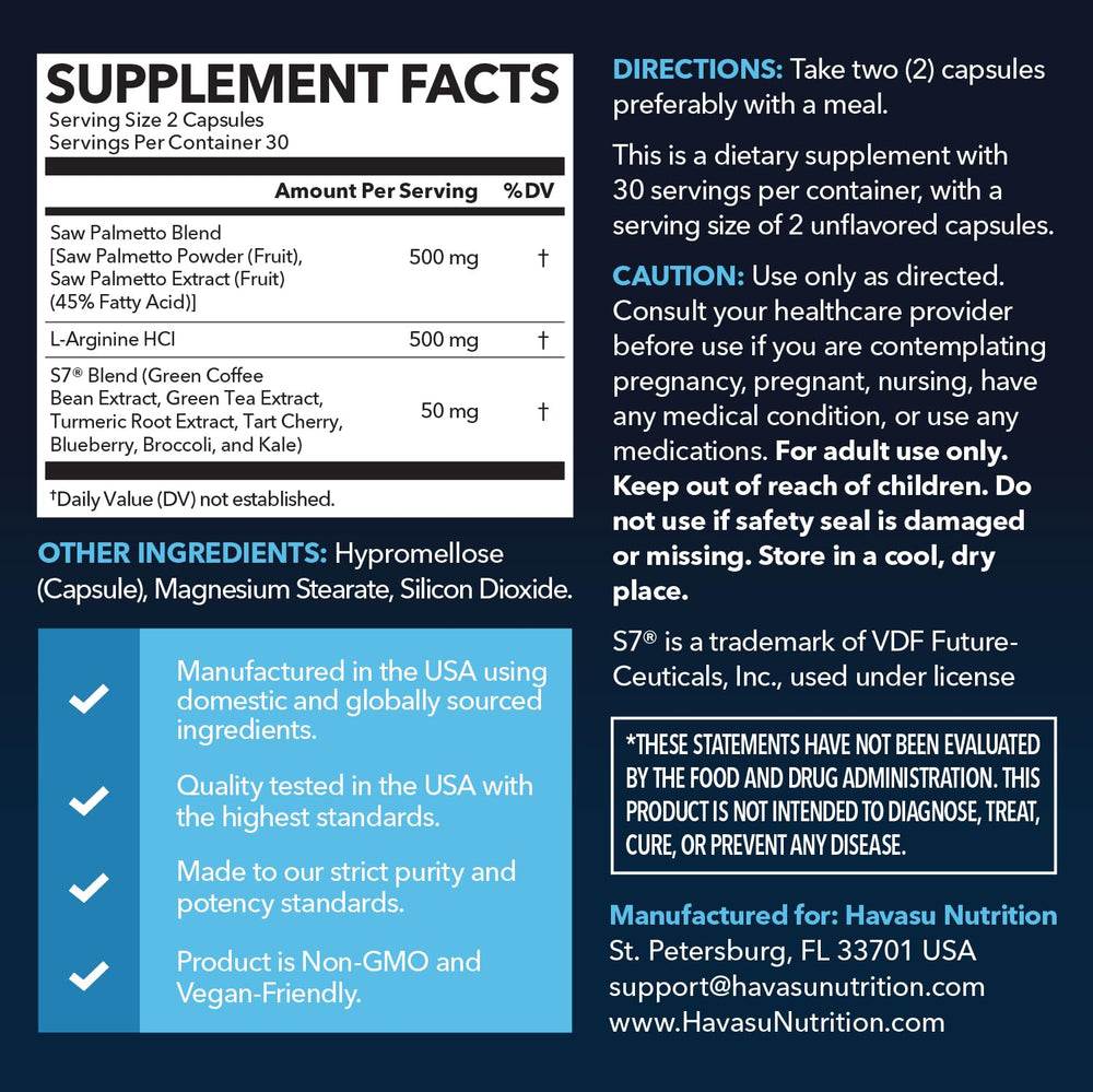 HAVASU Nutrition capsules close-up highlighting L-Arginine 500 mg for endurance
