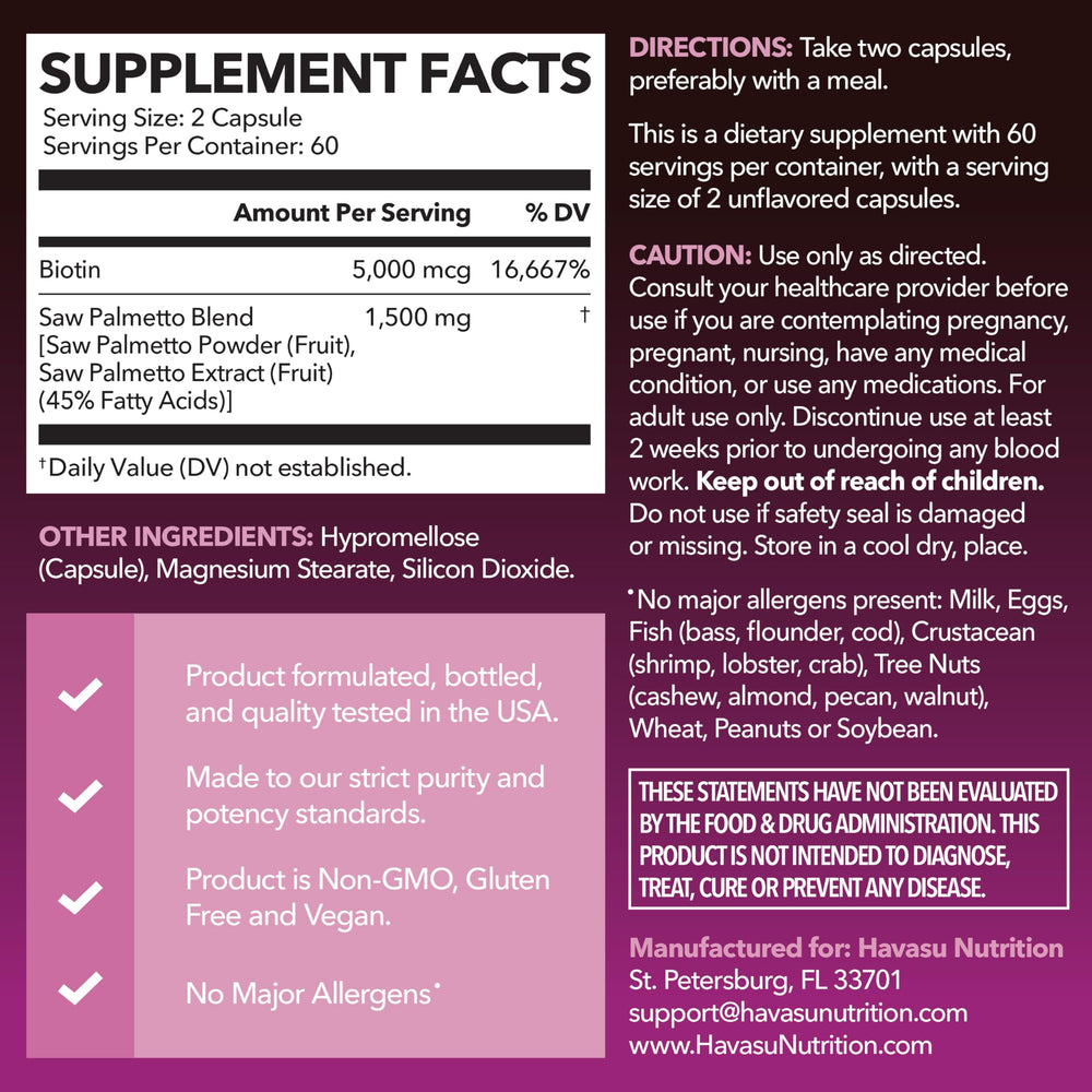 HAVASU NUTRITION Saw Palmetto capsules closeup label for vegan daily use.