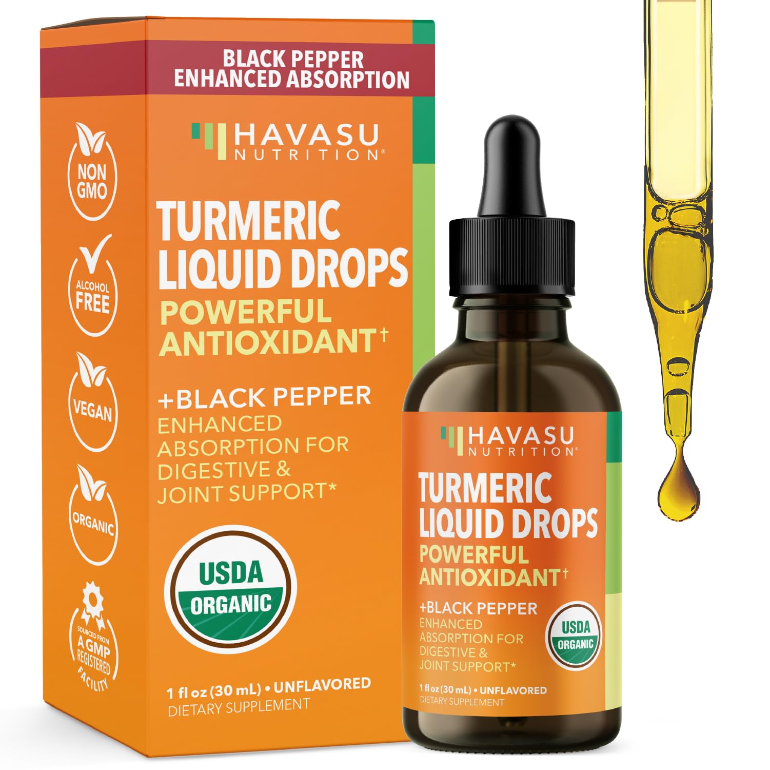 Havasu Nutrition Turmeric Drops bottle front showing USDA Organic formula for daily wellness.