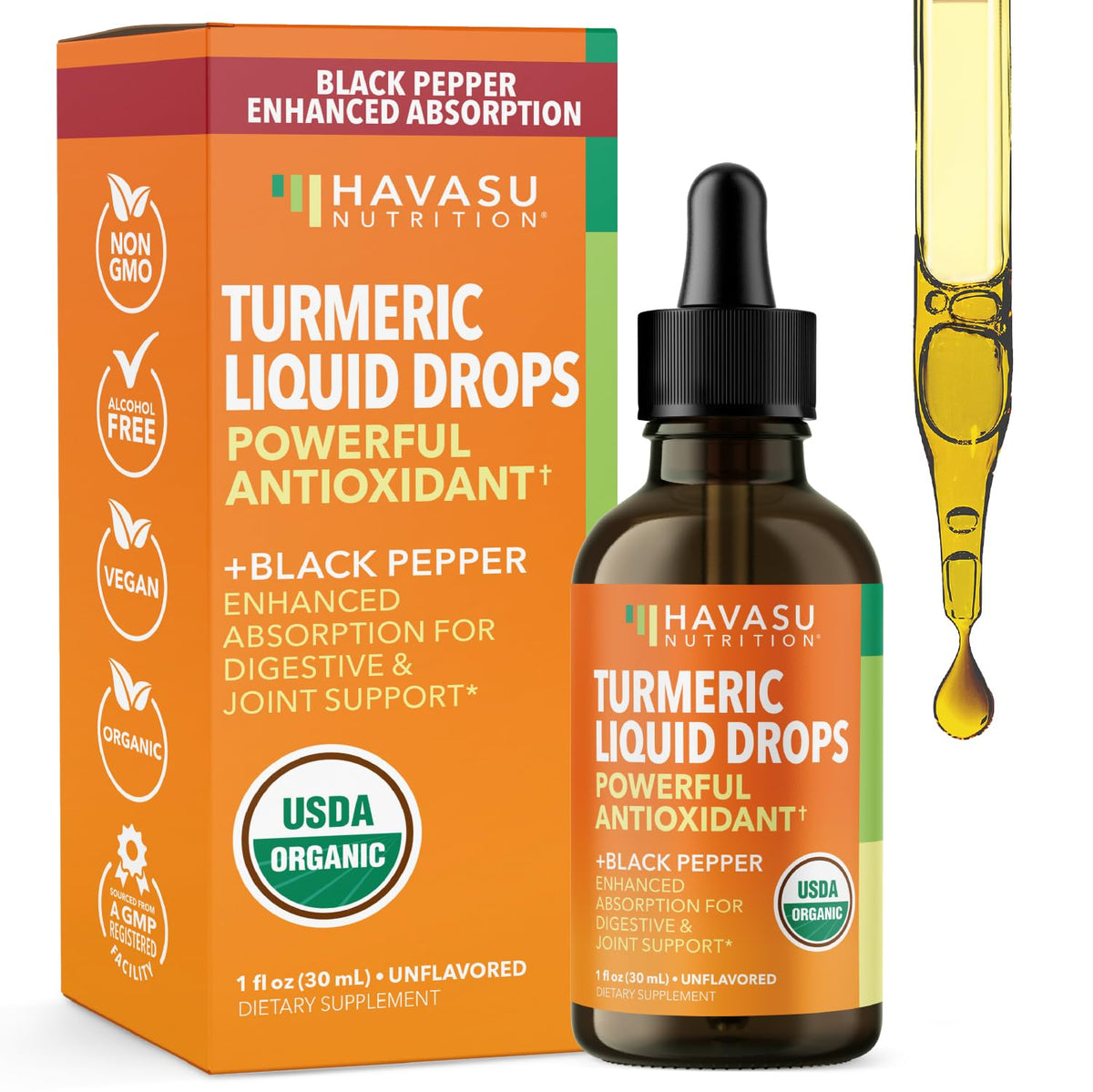 Havasu Nutrition Turmeric Drops bottle front showing USDA Organic formula for daily wellness.