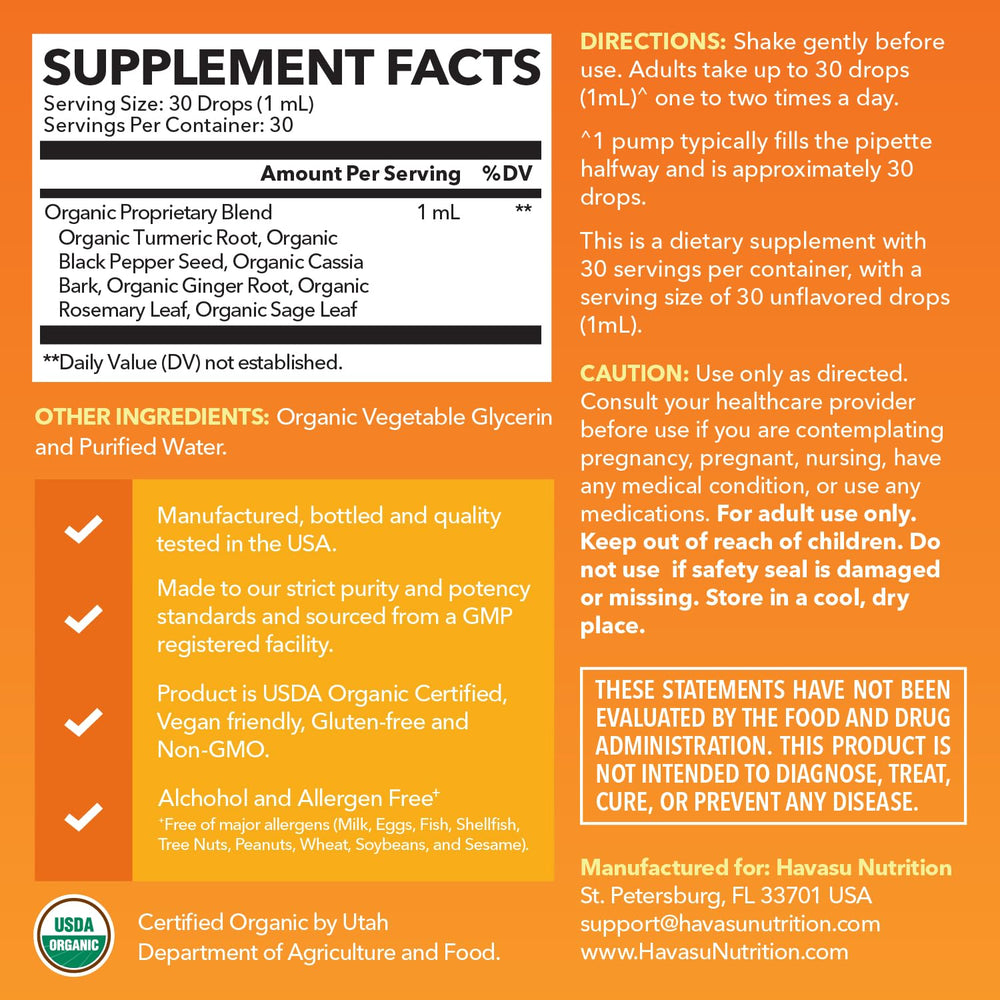 Havasu Nutrition Turmeric Drops dropper ready to dispense for easy 1 mL dosing.