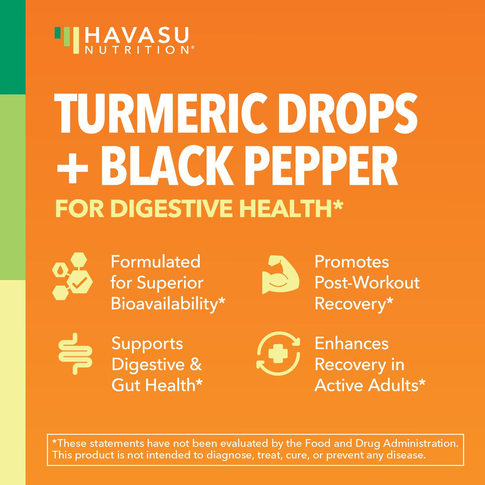 Havasu Nutrition Turmeric Drops label highlights organic, vegan, gluten-free attributes.