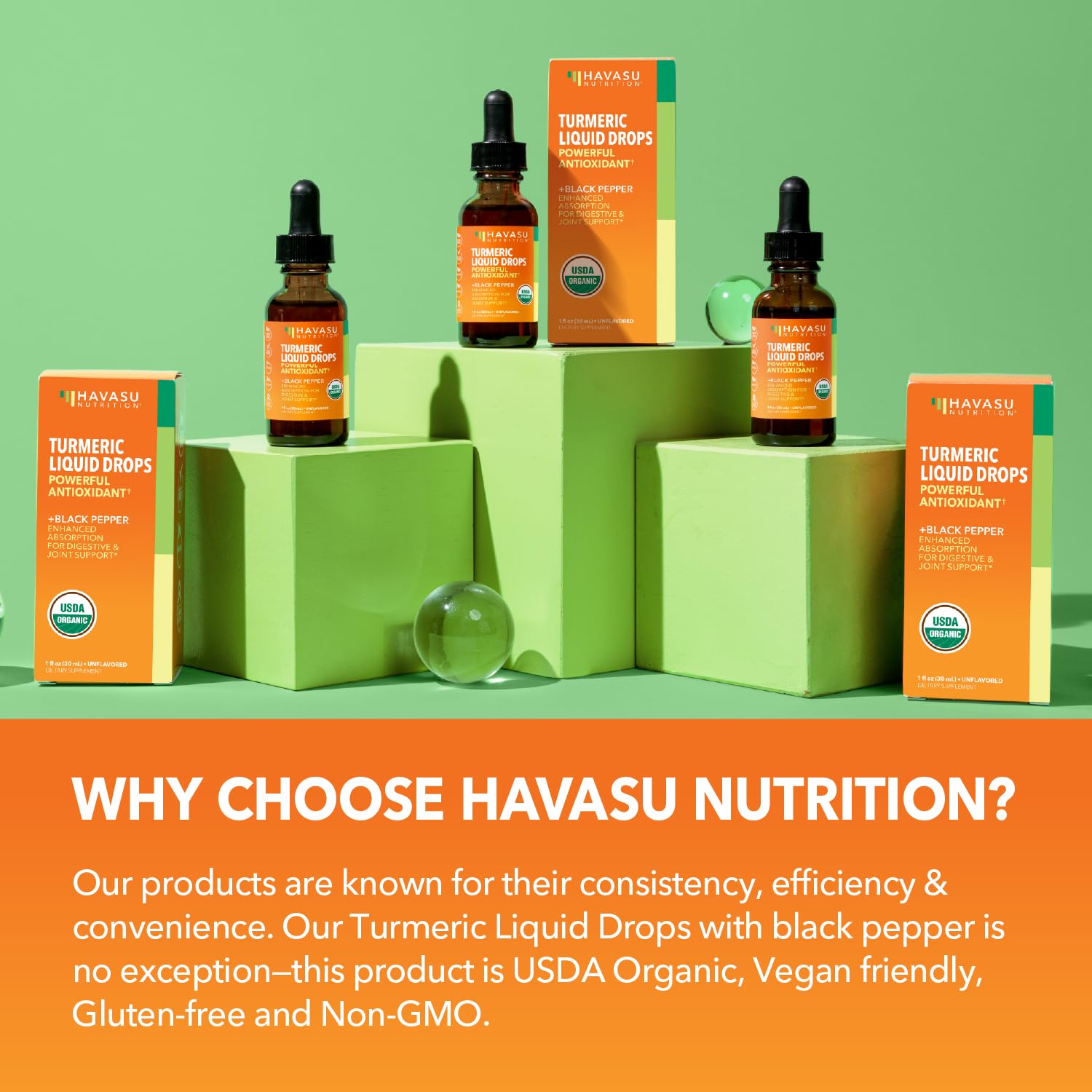 Havasu Nutrition Turmeric Drops packaging close-up: organic certification and non-GMO label.
