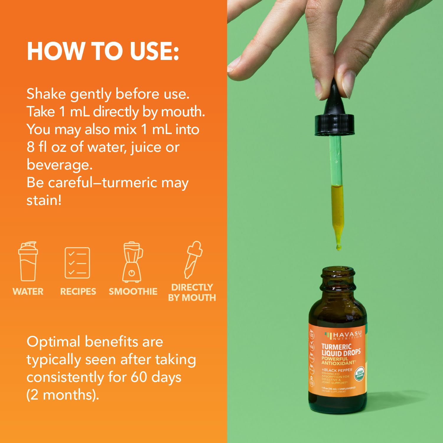 Havasu Nutrition Turmeric Drops being added to tea, convenient daily immune support.