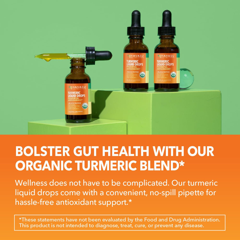 Havasu Nutrition Turmeric Drops unflavored liquid, simple to add to drinks without altering taste.