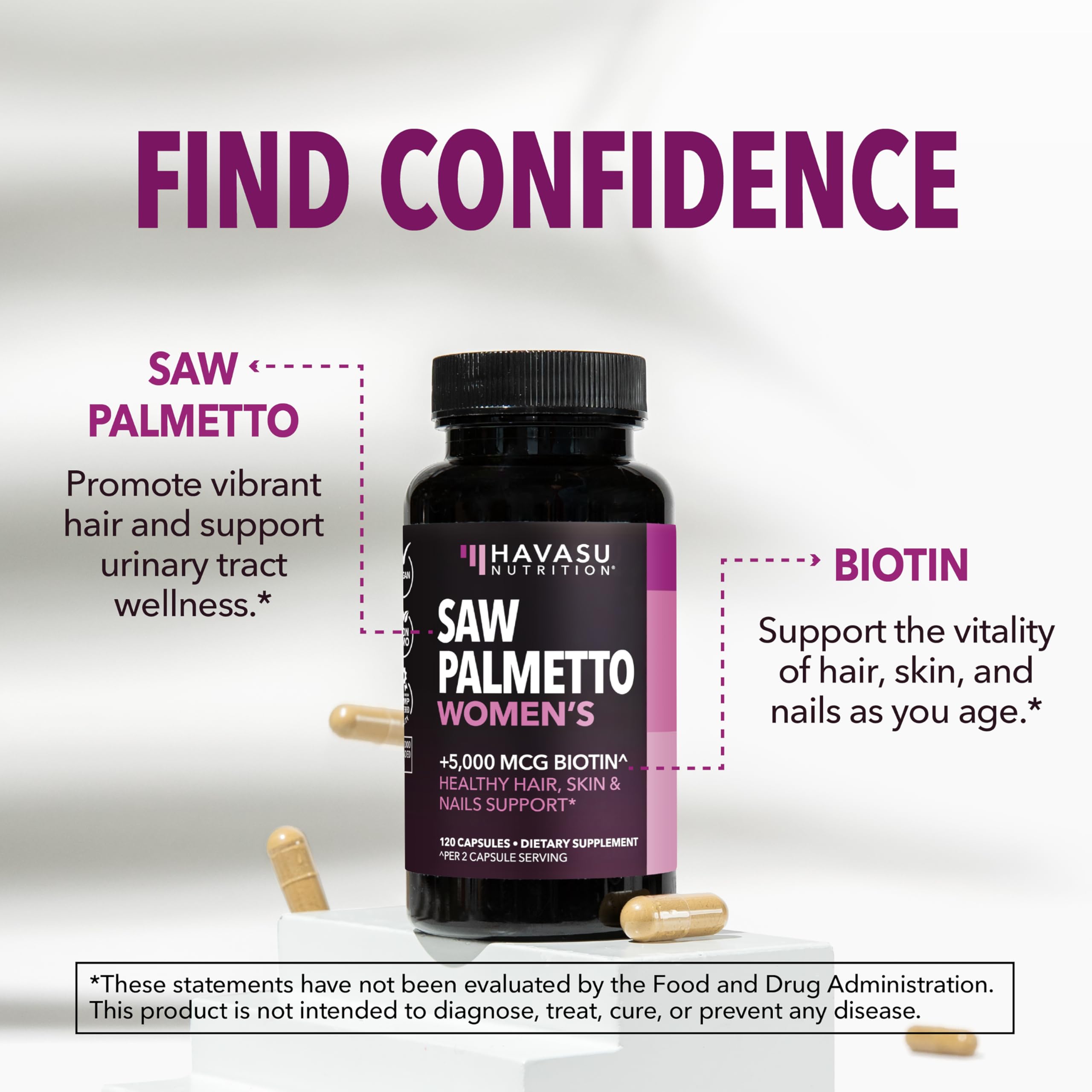 HAVASU NUTRITION vegan saw palmetto bottle with vegan capsules for daily wellness.