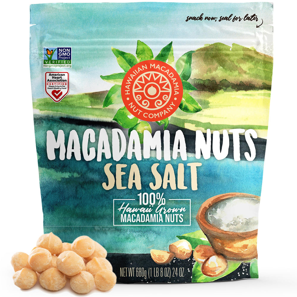 Hawaiian Macadamia Nut Company dry roasted sea salt macadamias in a 24oz bag, ready to snack.