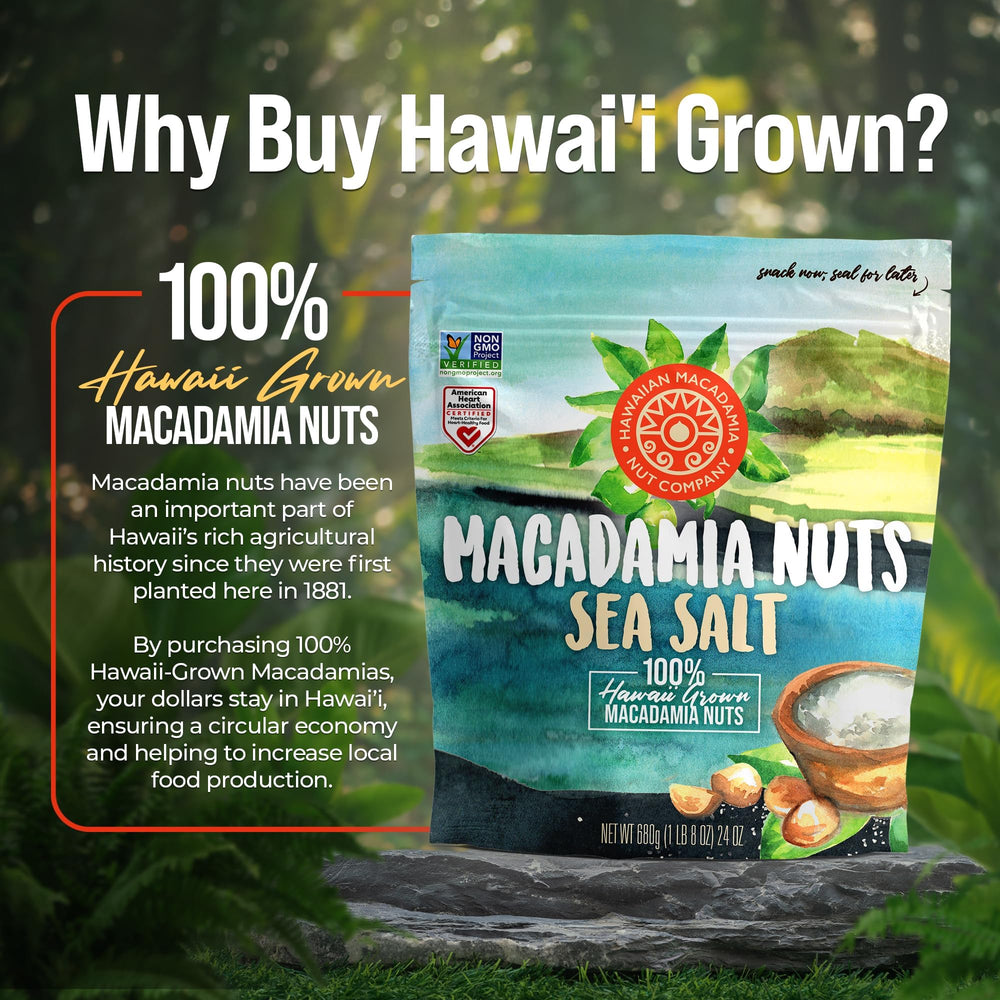 Hawaiian Macadamia Nut Company gluten-free and non-GMO certified label.