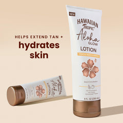 Close-up of Hawaiian Tropic Aloha Glow Lotion container with creamy texture