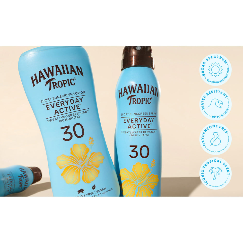 Hawaiian Tropic botanicals papaya, mango and plumeria scent in SPF 30 lotion.