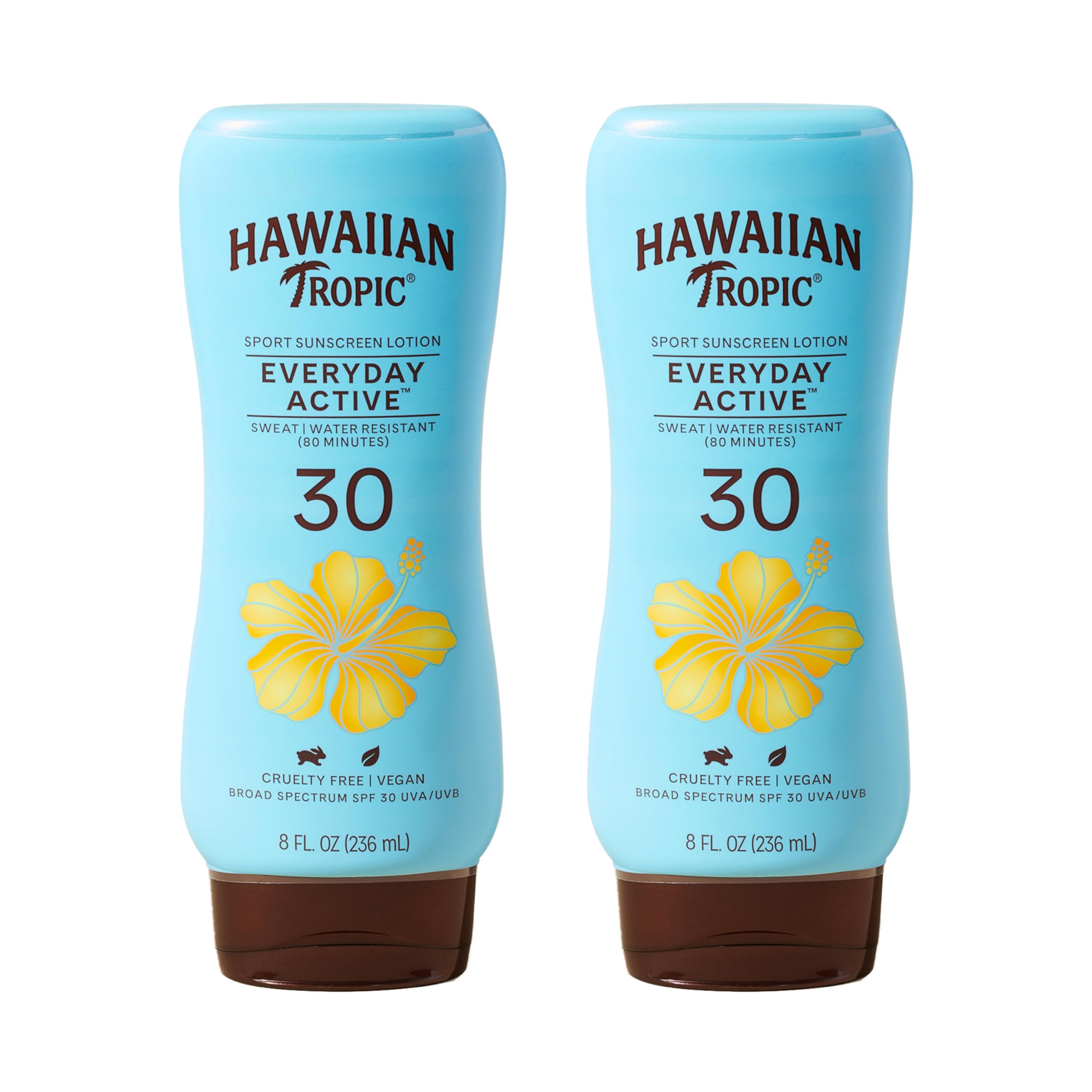 Hawaiian Tropic Everyday Active SPF 30 twin-pack bottle for outdoor workouts.