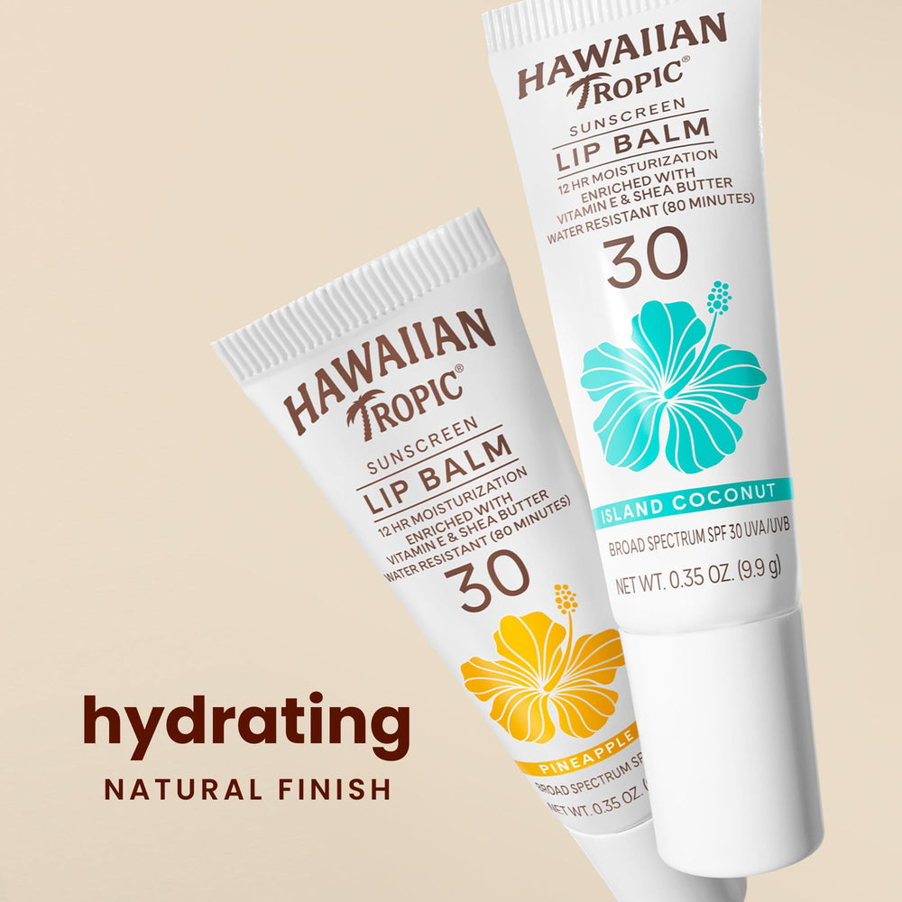 Hawaiian Tropic lip sunscreen showing water resistance for beach or pool days