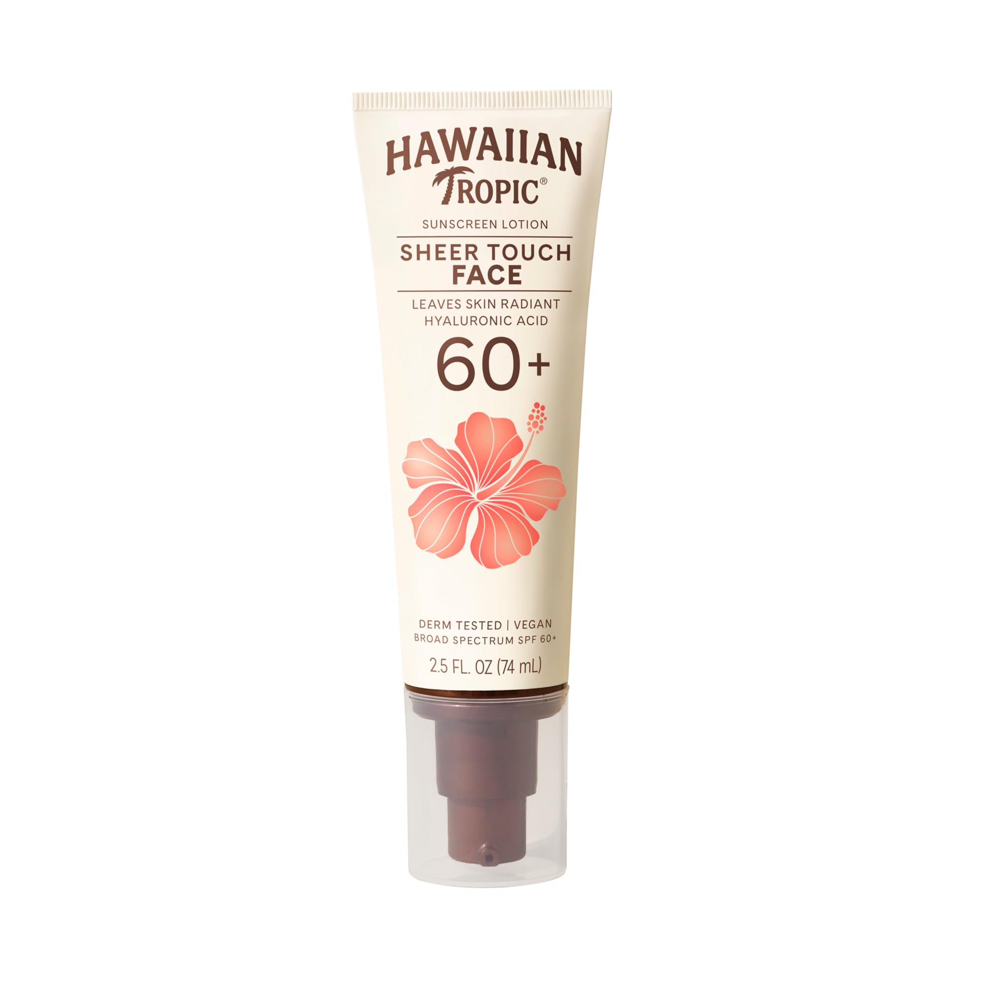 Hawaiian Tropic Sheer Touch SPF 60 bottle close-up, travel-size protection for sunny days.