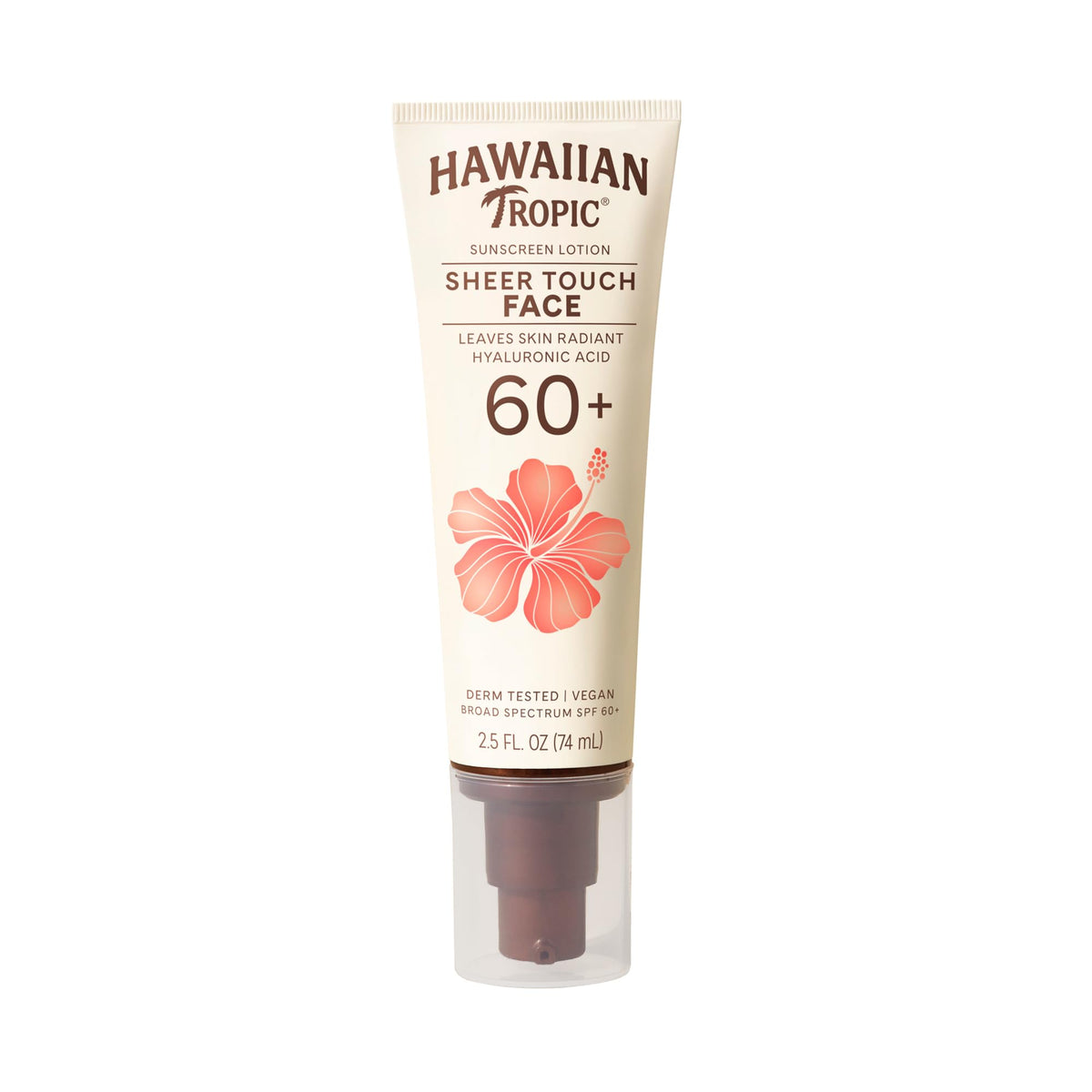 Hawaiian Tropic Sheer Touch SPF 60 bottle close-up, travel-size protection for sunny days.