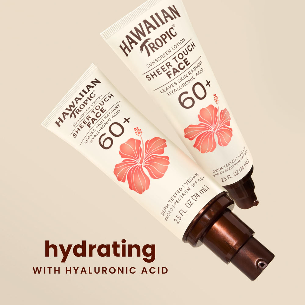Hawaiian Tropic Sheer Touch SPF 60 travel-size tube brightens outdoors.