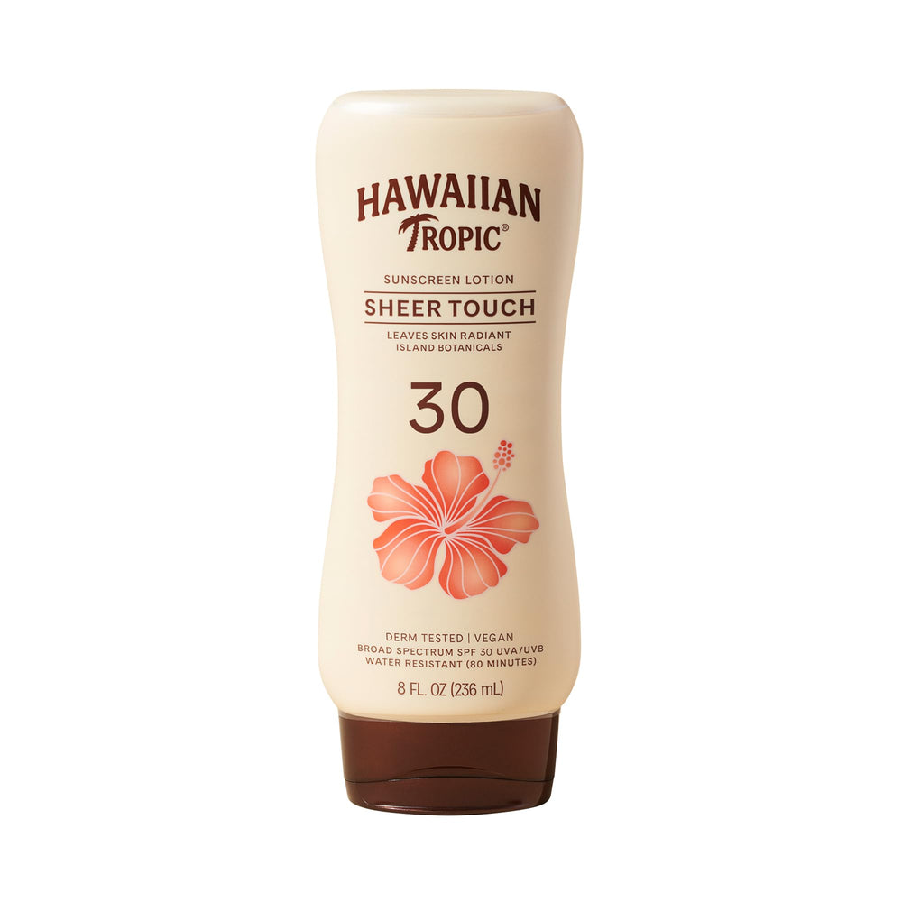 Hawaiian Tropic Sheer Touch Lotion SPF 30 bottle glows with luminous, oil-free protection.