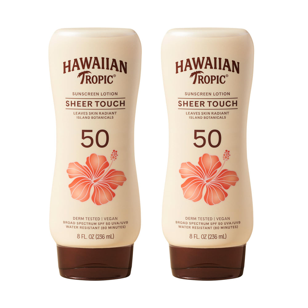 Hawaiian Tropic Sheer Touch Ultra Radiance bottle pour offers broad spectrum protection.