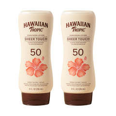 Hawaiian Tropic Sheer Touch Ultra Radiance bottle pour offers broad spectrum protection.