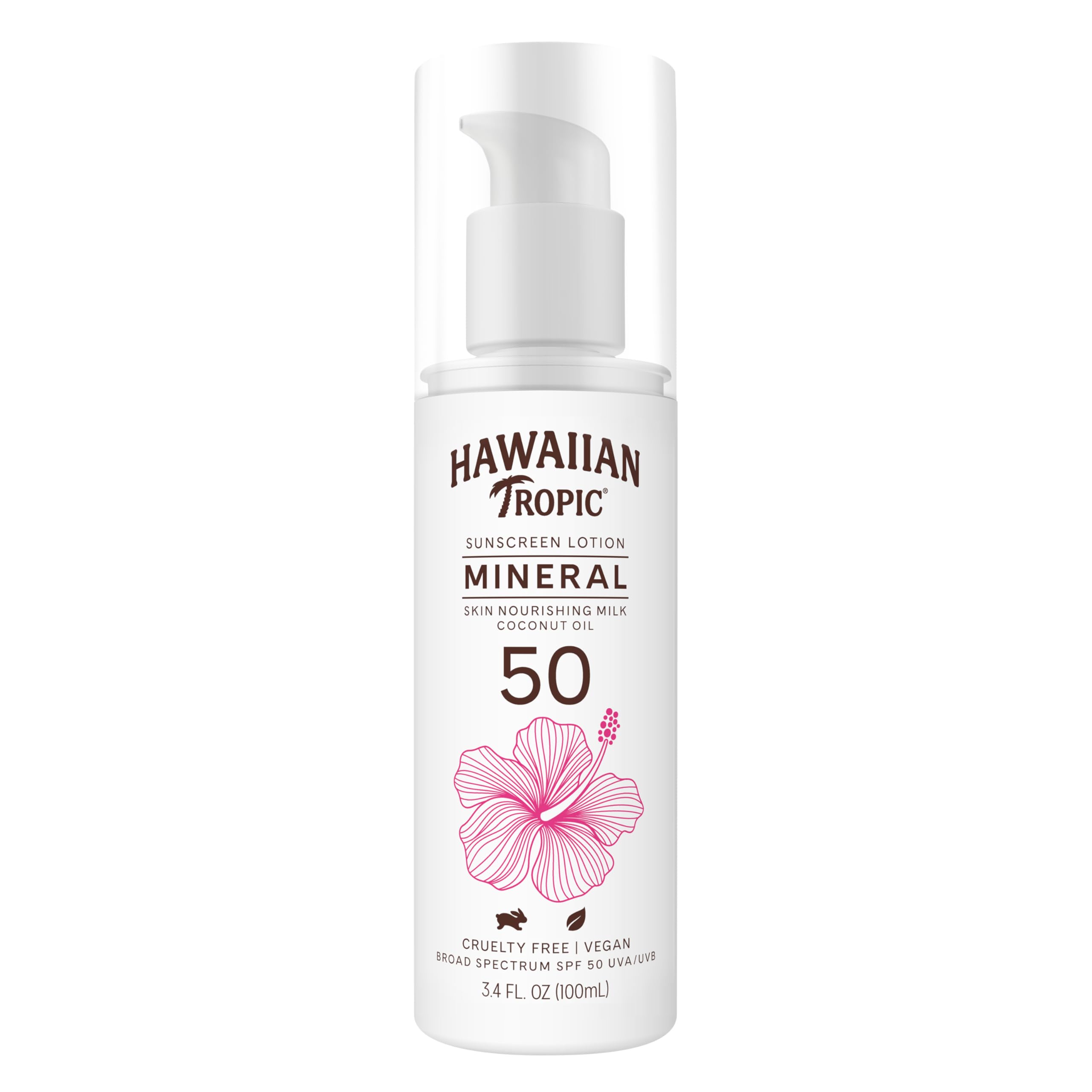 Hawaiian Tropic Skin Nourishing Milk SPF 50 bottle pour for easy reapplication.