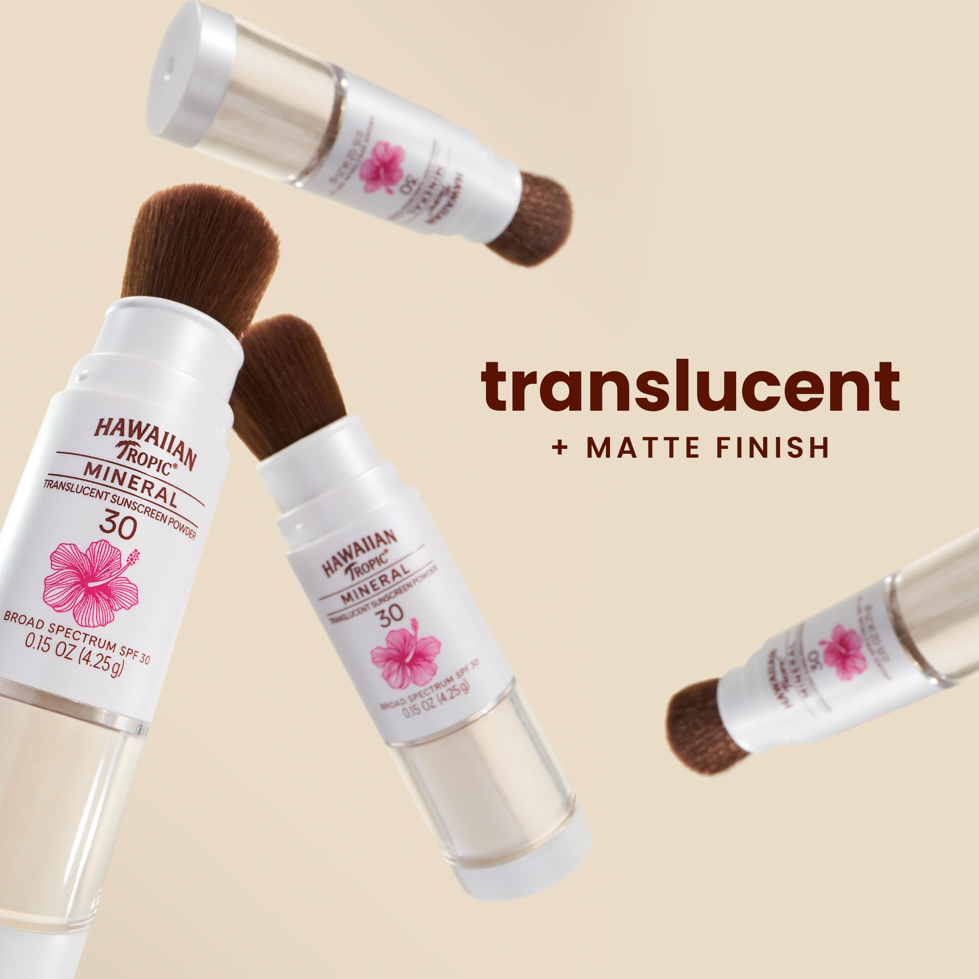 Hawaiian Tropic translucent matte finish bottle showing oil absorption for a shine-free look.