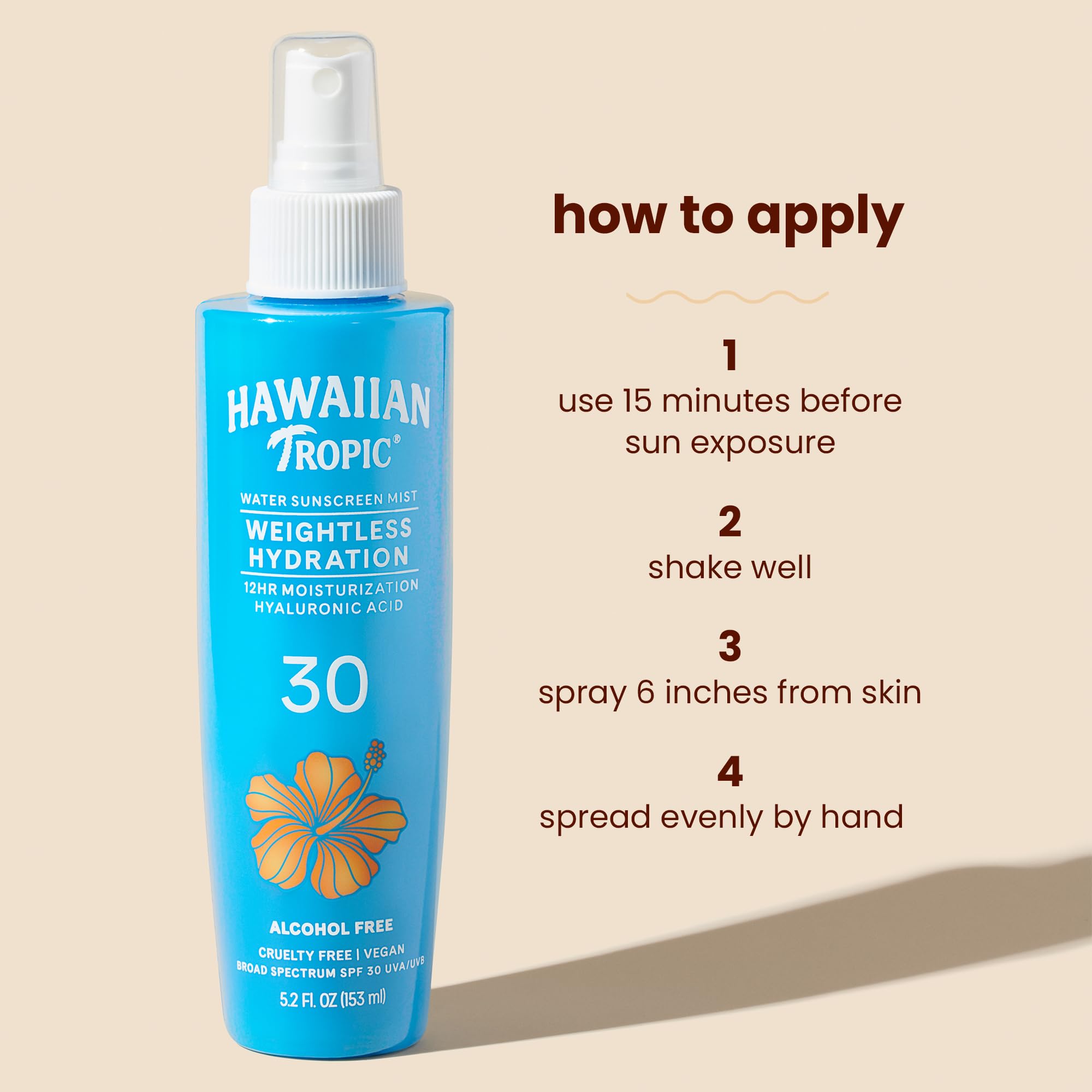 Hyaluronic acid in Hawaiian Tropic Water Mist nourishes skin during application.