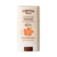Hawaiian Tropic Weightless Hydration Stick SPF 60 plus packaging highlights compact travel friendly design