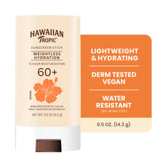 Hawaiian Tropic Weightless Hydration Stick SPF 60 plus swatch shows clear non white finish