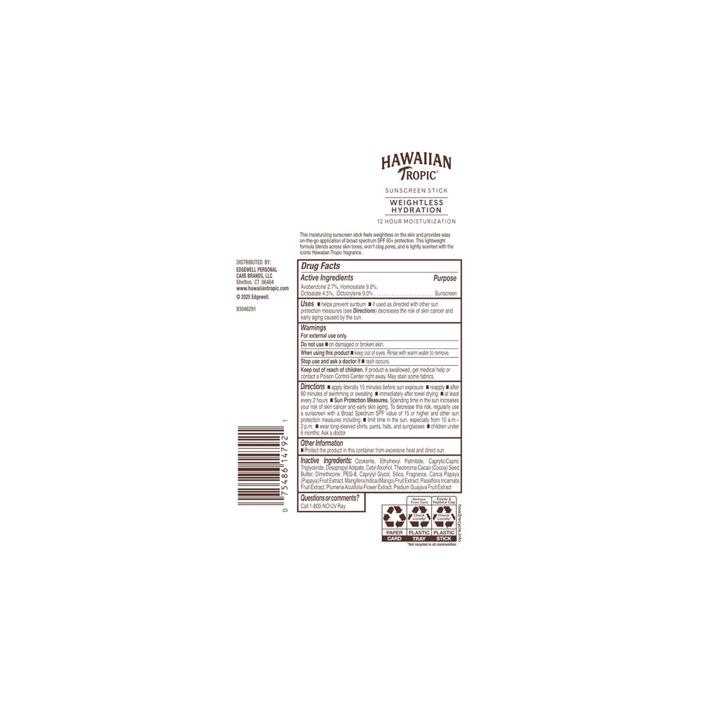 Hawaiian Tropic Weightless Hydration Stick SPF 60 plus oil free protection with fast absorption