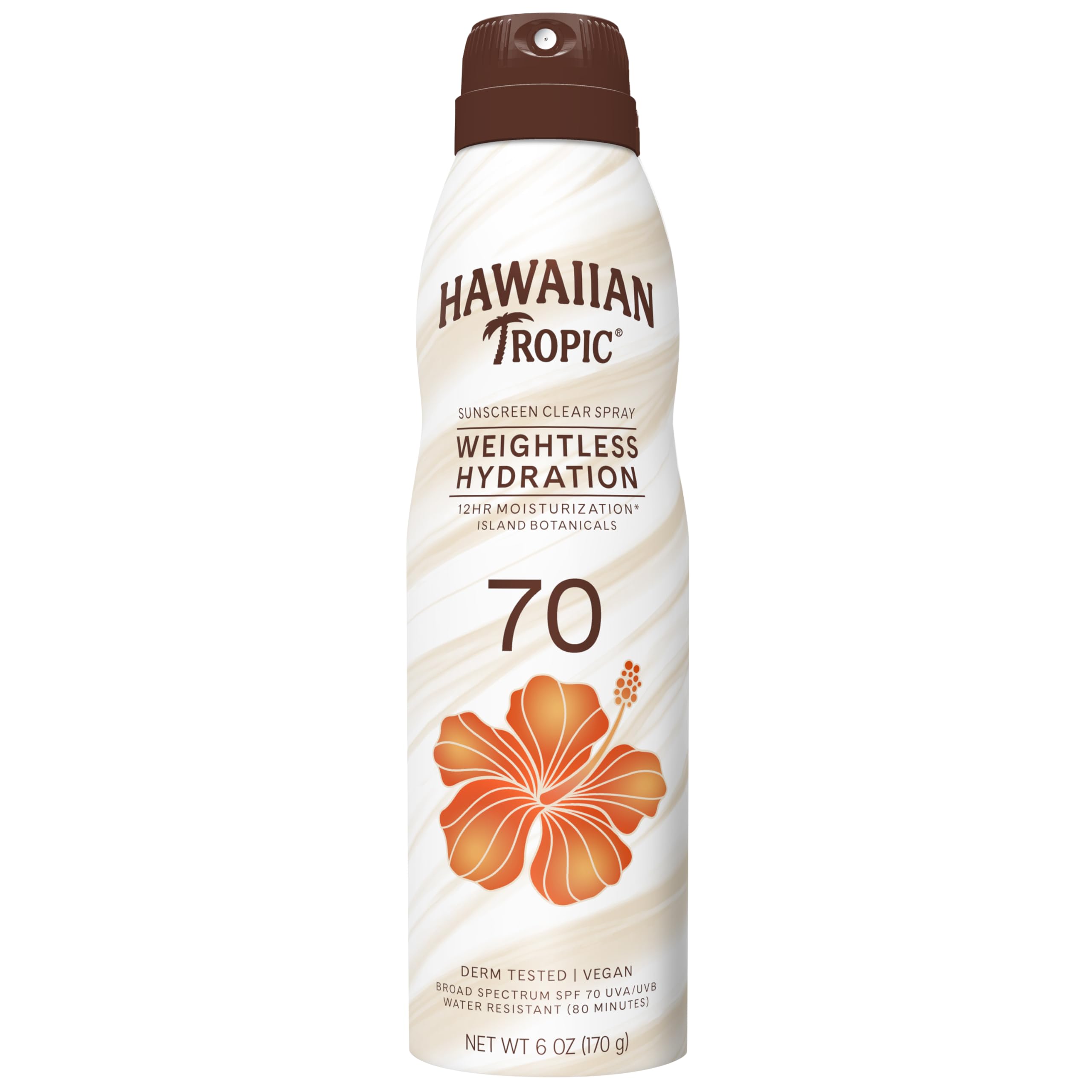 Hawaiian Tropic Weightless Hydration spray bottle with clear formula for quick, mess-free SPF application.