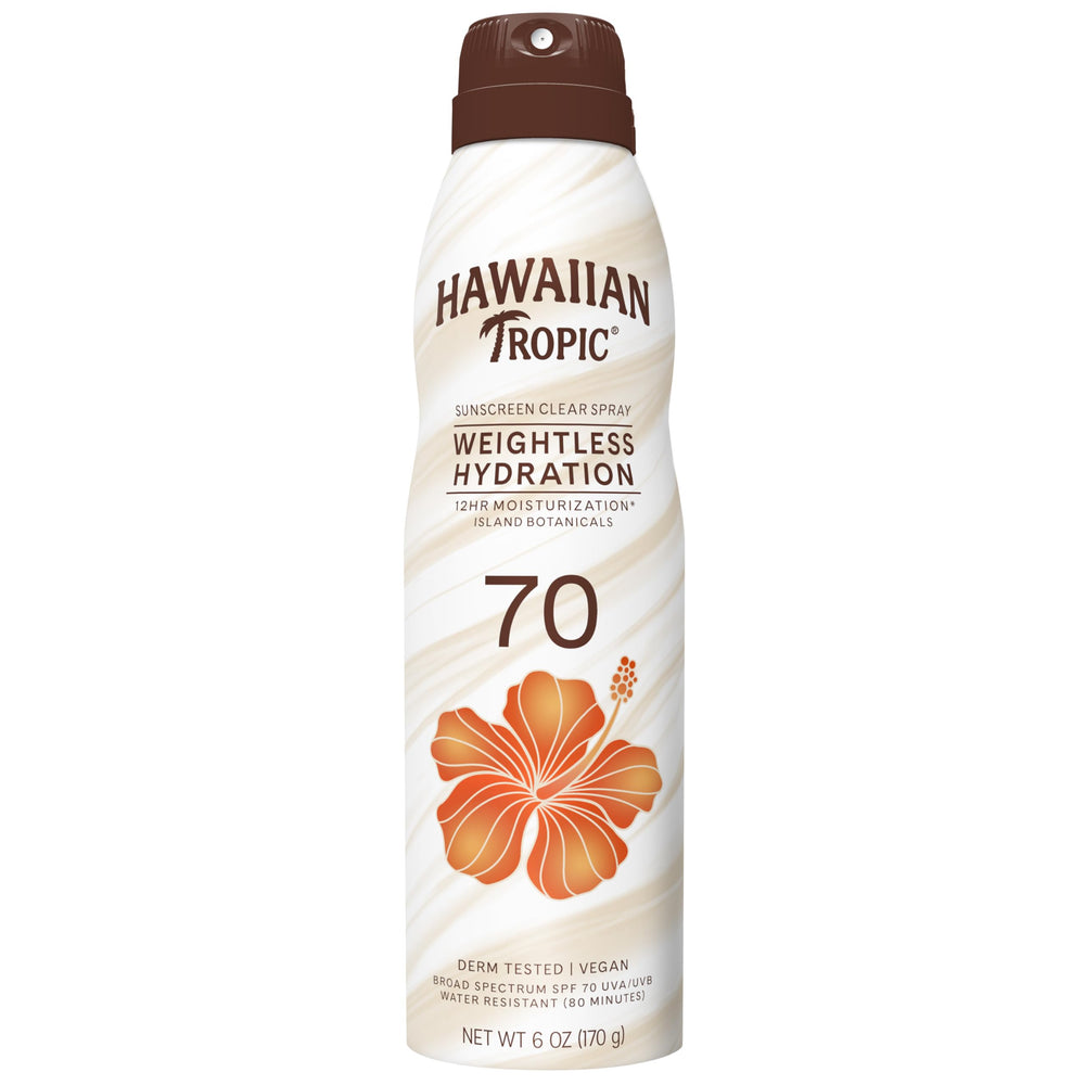 Hawaiian Tropic Weightless Hydration spray bottle with clear formula for quick, mess-free SPF application.