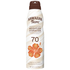 Hawaiian Tropic Weightless Hydration spray bottle with clear formula for quick, mess-free SPF application.