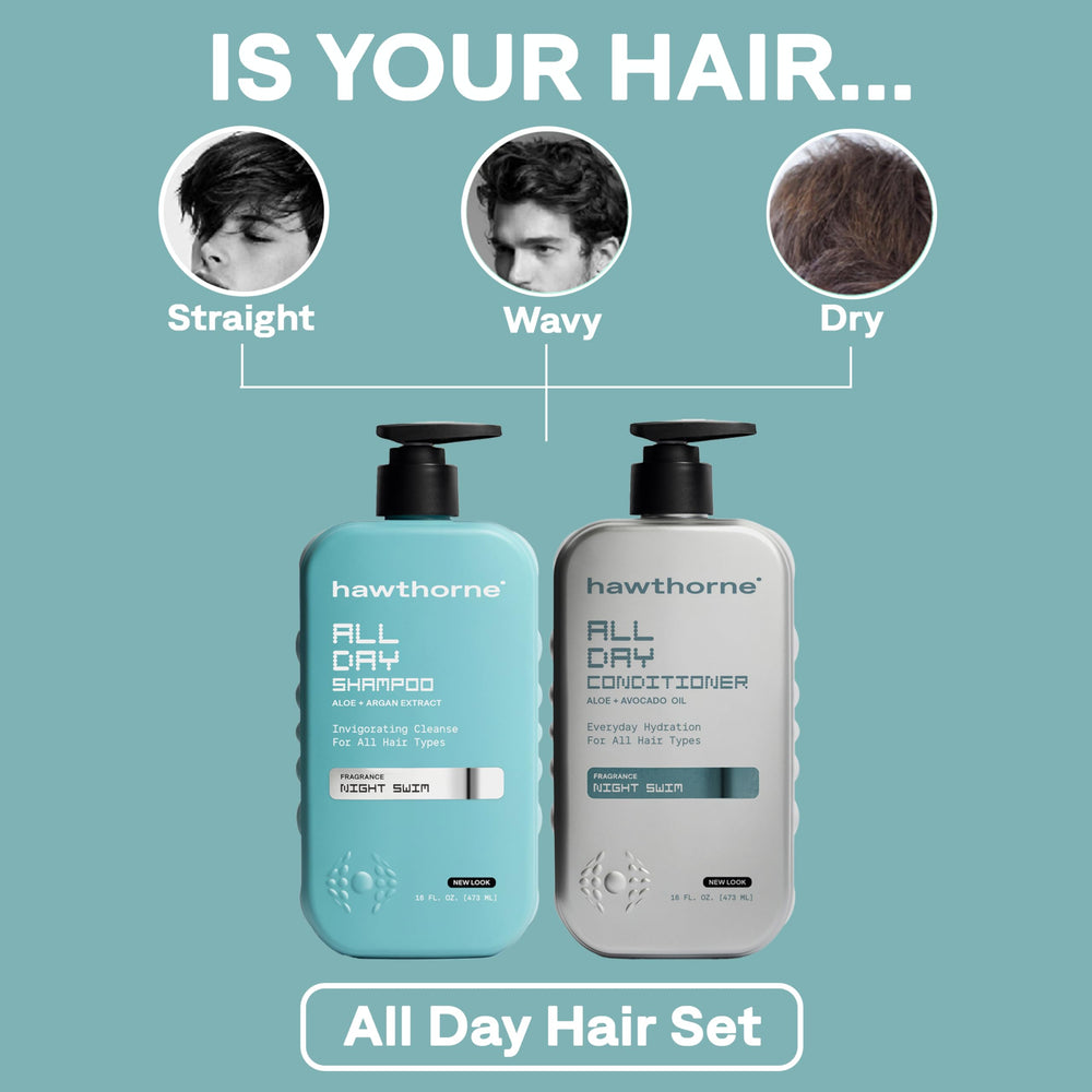 Hawthorne All Day conditioner bottle closeup, avocado oil and aloe hydrate hair.