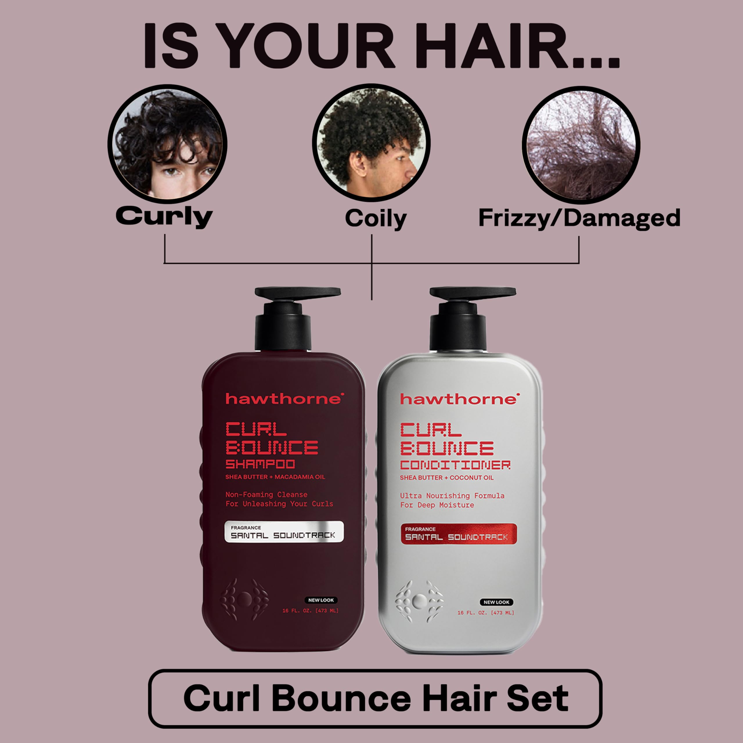 Hawthorne Curl Bounce conditioner bottle front, rich moisture for curls.