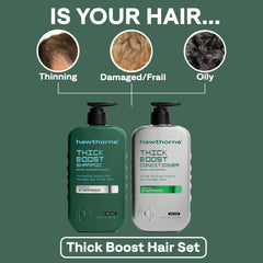 Hawthorne Thick Boost conditioner bottle showing detangling and fullness benefits