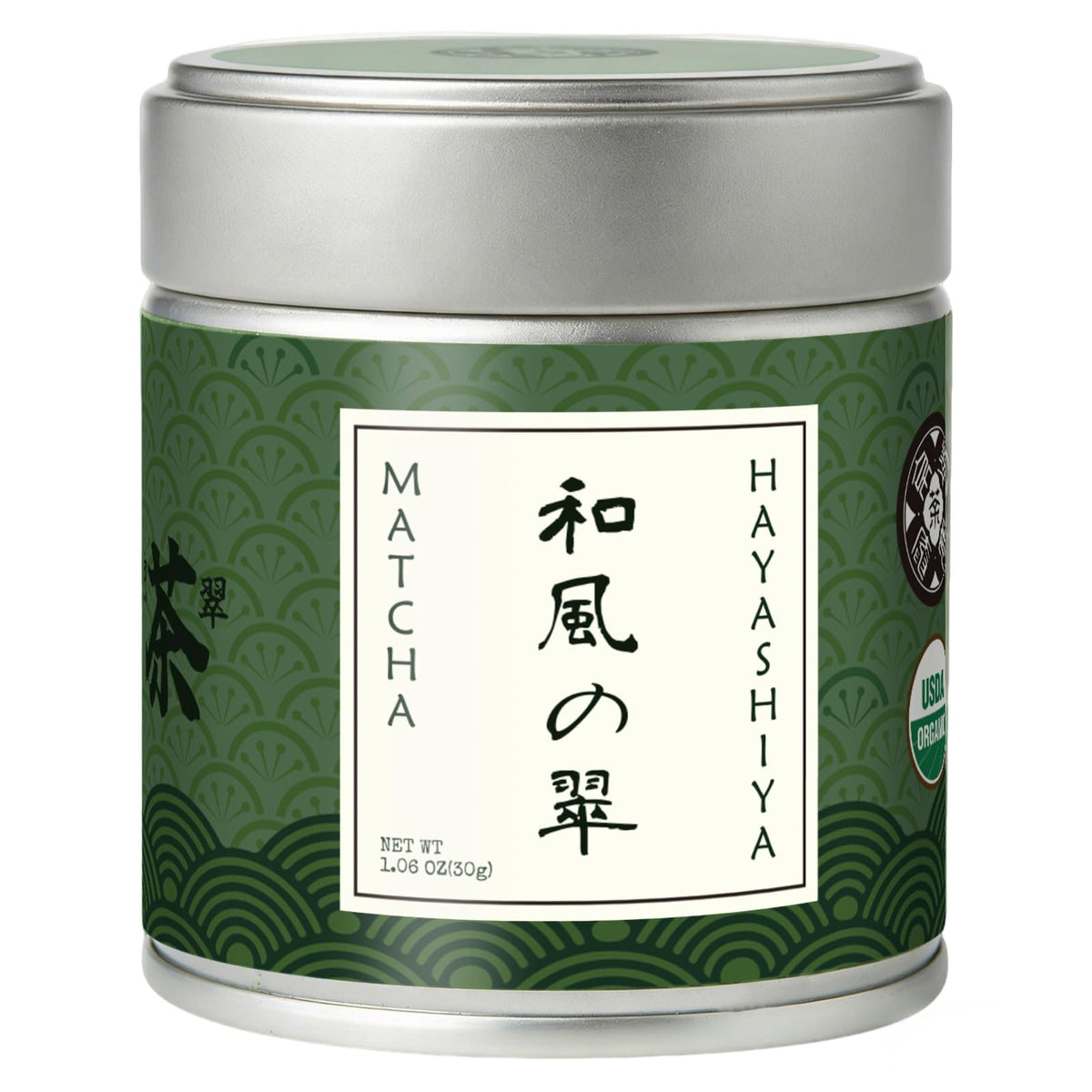 HAYASHIYA Matcha ceremonial tin front, showcasing premium packaging for Kyoto-quality tea rituals.