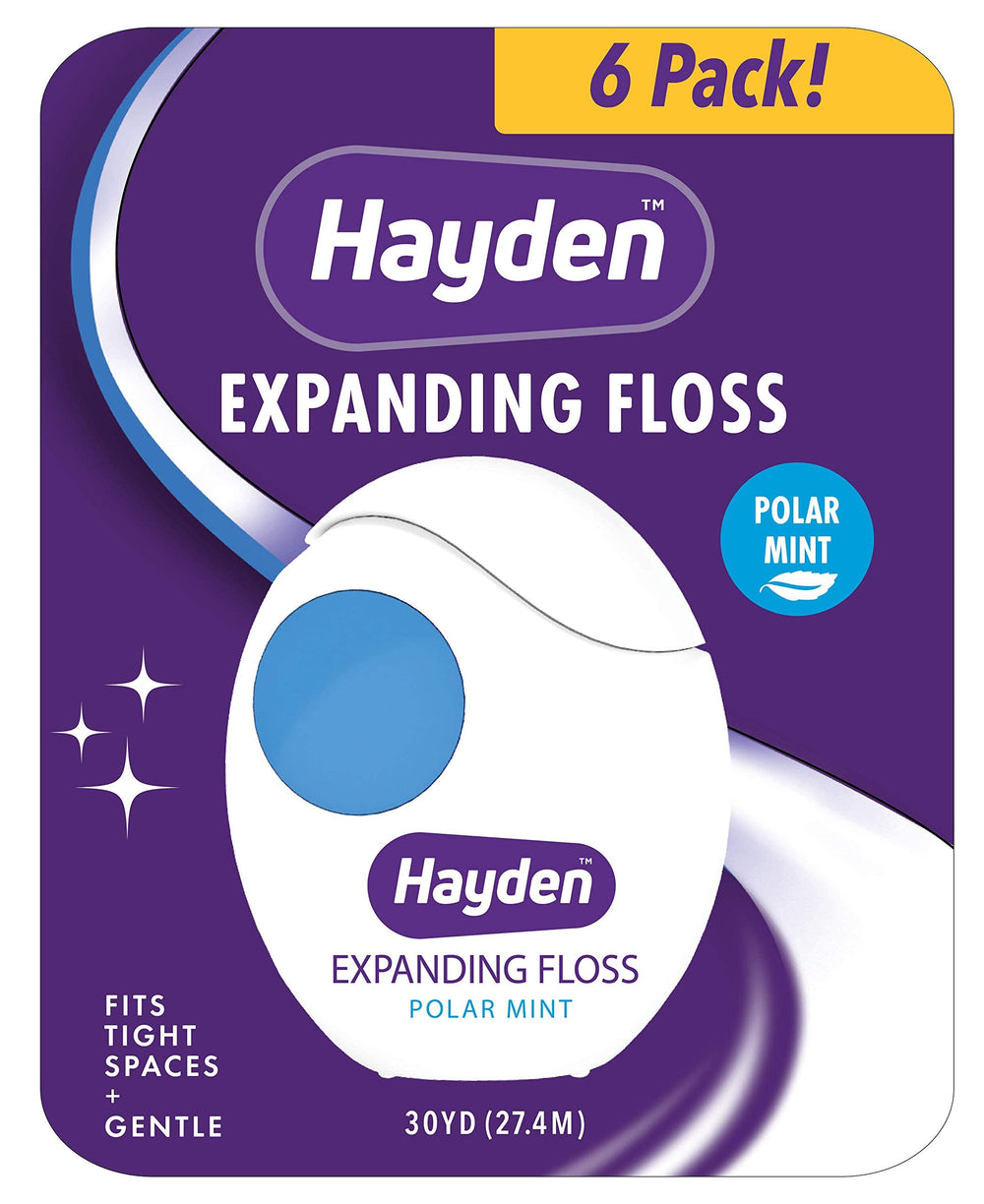 Hayden Expanding Dental Floss packaging shows six-pack value for daily use