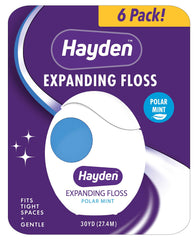 Hayden Expanding Dental Floss packaging shows six-pack value for daily use