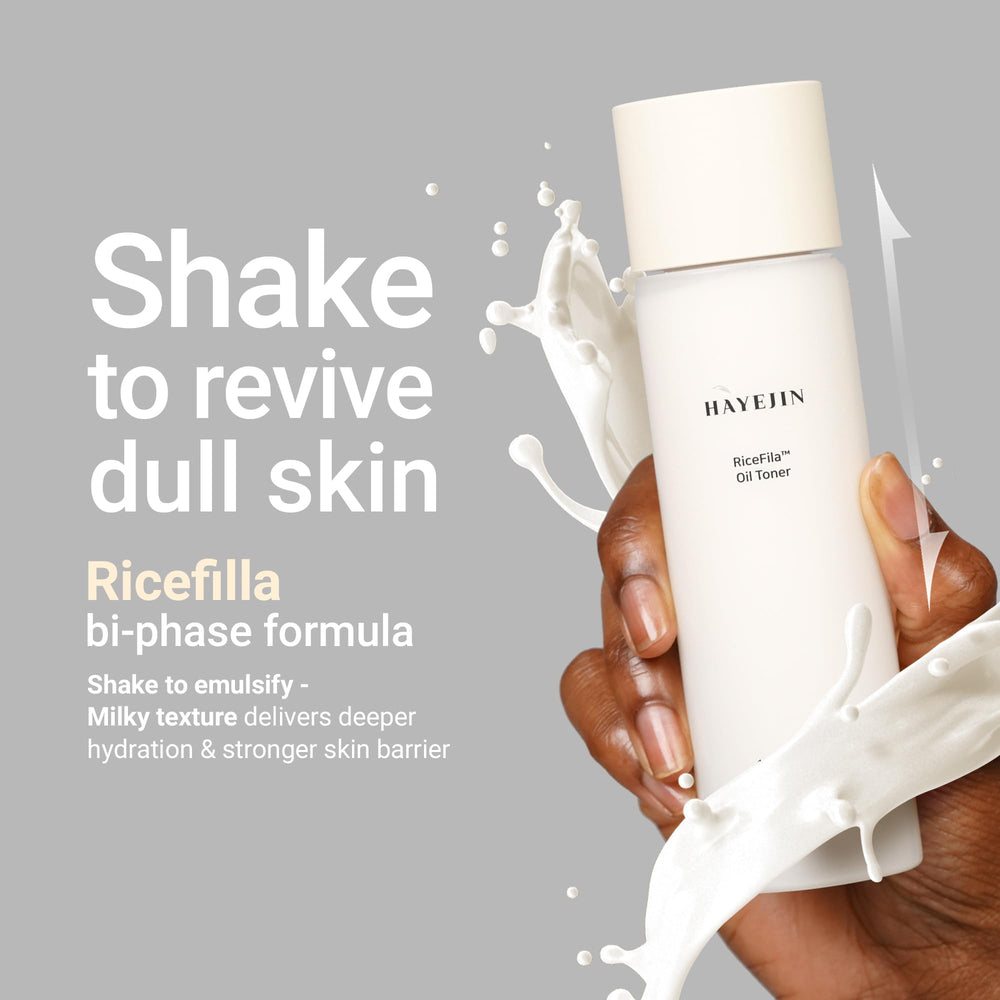 HAYEJIN RiceFila Milk Toner includes fermented rice bran oil for barrier care.