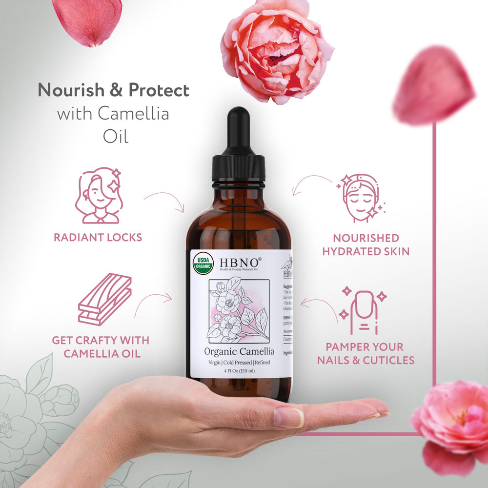 HBNO Organic Camellia Oil for hair care, lightweight hydration and shine.