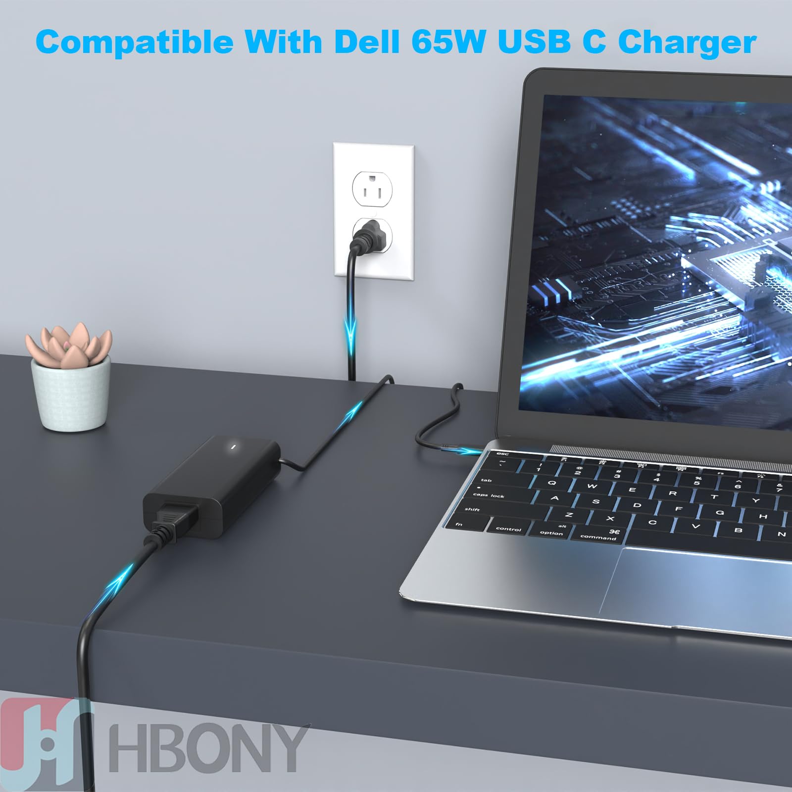 HBONY 65W USB-C charger compatibility list highlighting Dell Latitude and XPS models.