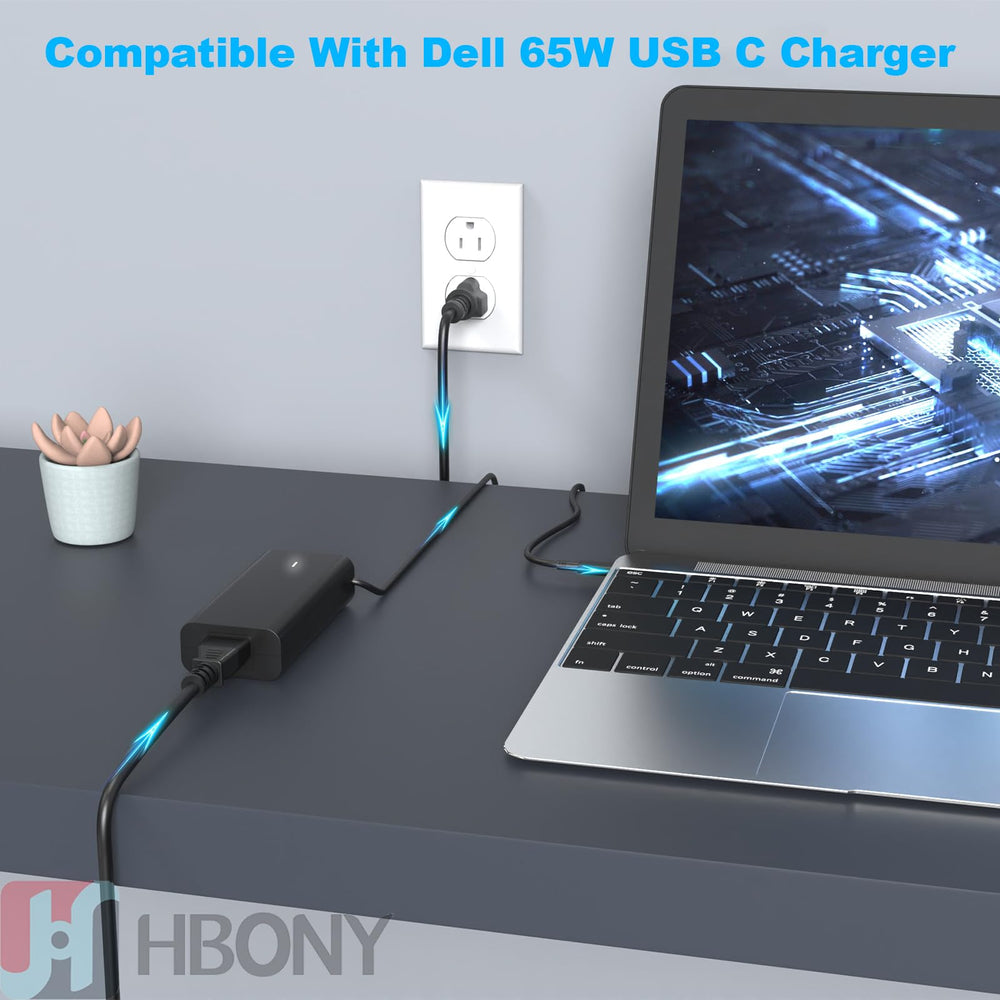 HBONY 65W USB-C charger compatibility list highlighting Dell Latitude and XPS models.