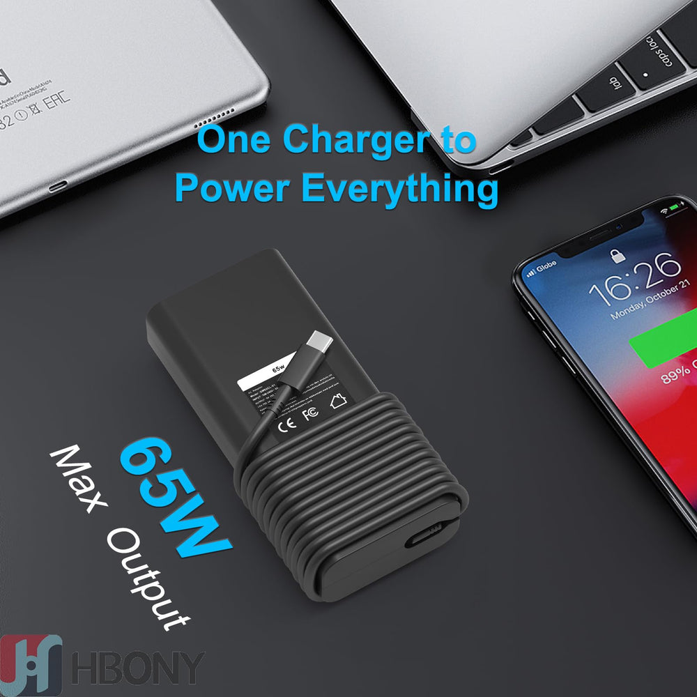 HBONY 65W USB-C charger on a tidy desk setup for travel and work.
