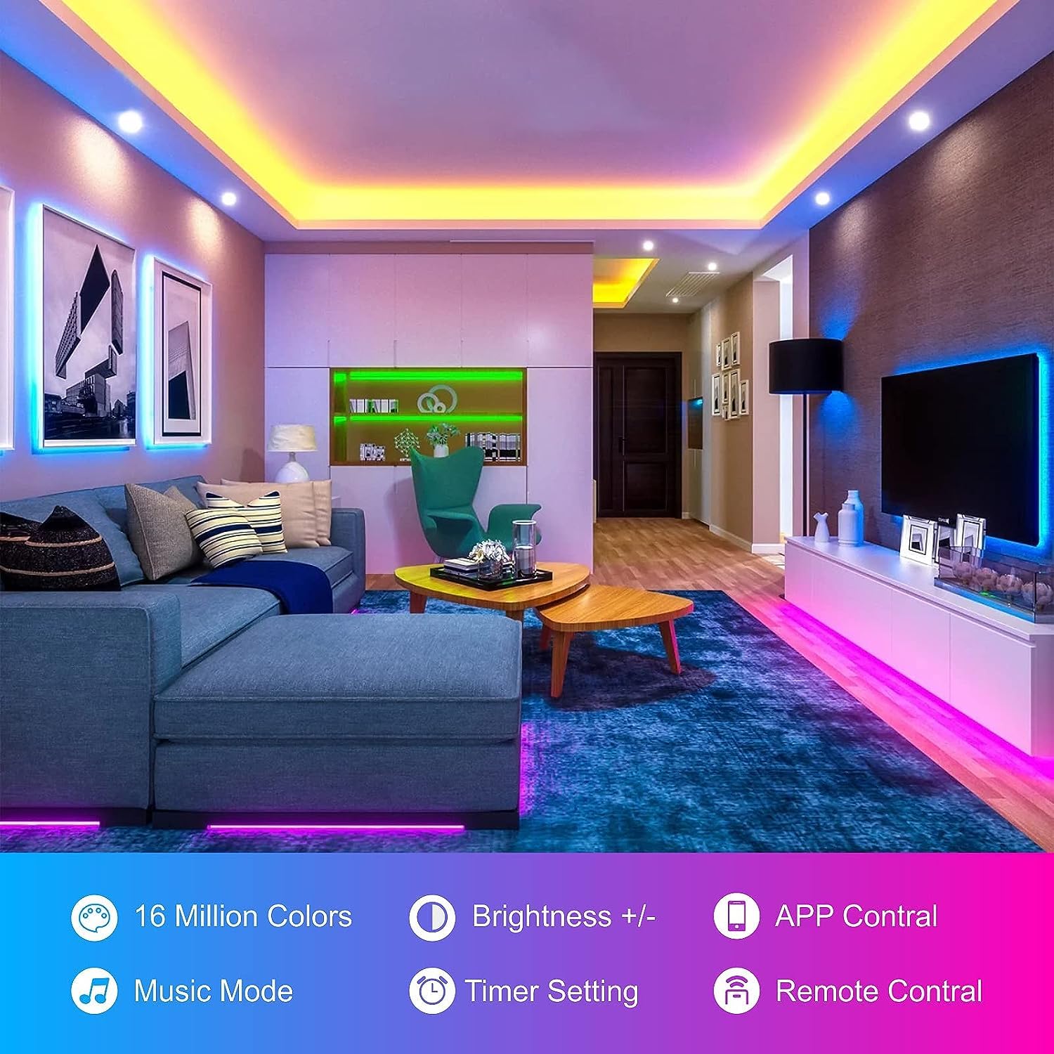 HBOWMDJIA LED strip with remote control for fast color and brightness adjustments.