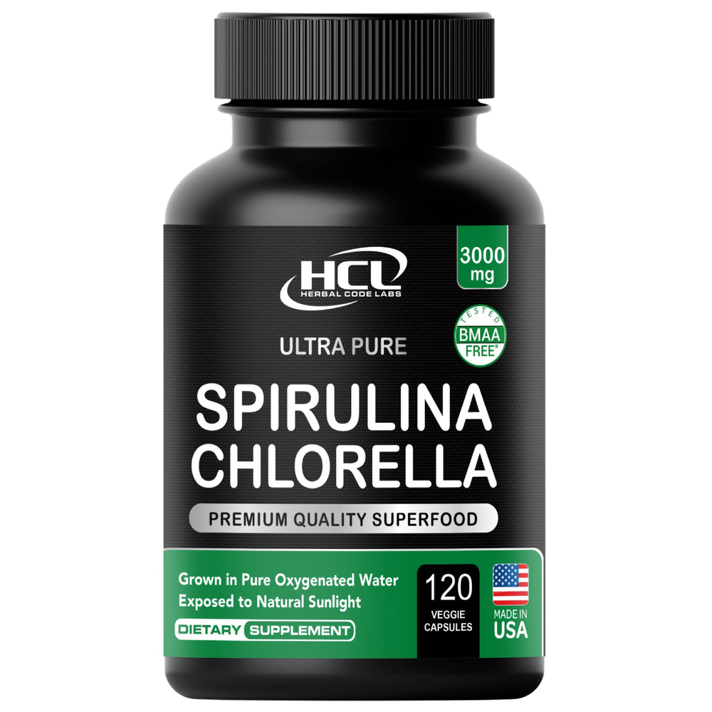 HCL Herbal Code Labs chlorella spirulina capsules bottle for daily vegan nutrition