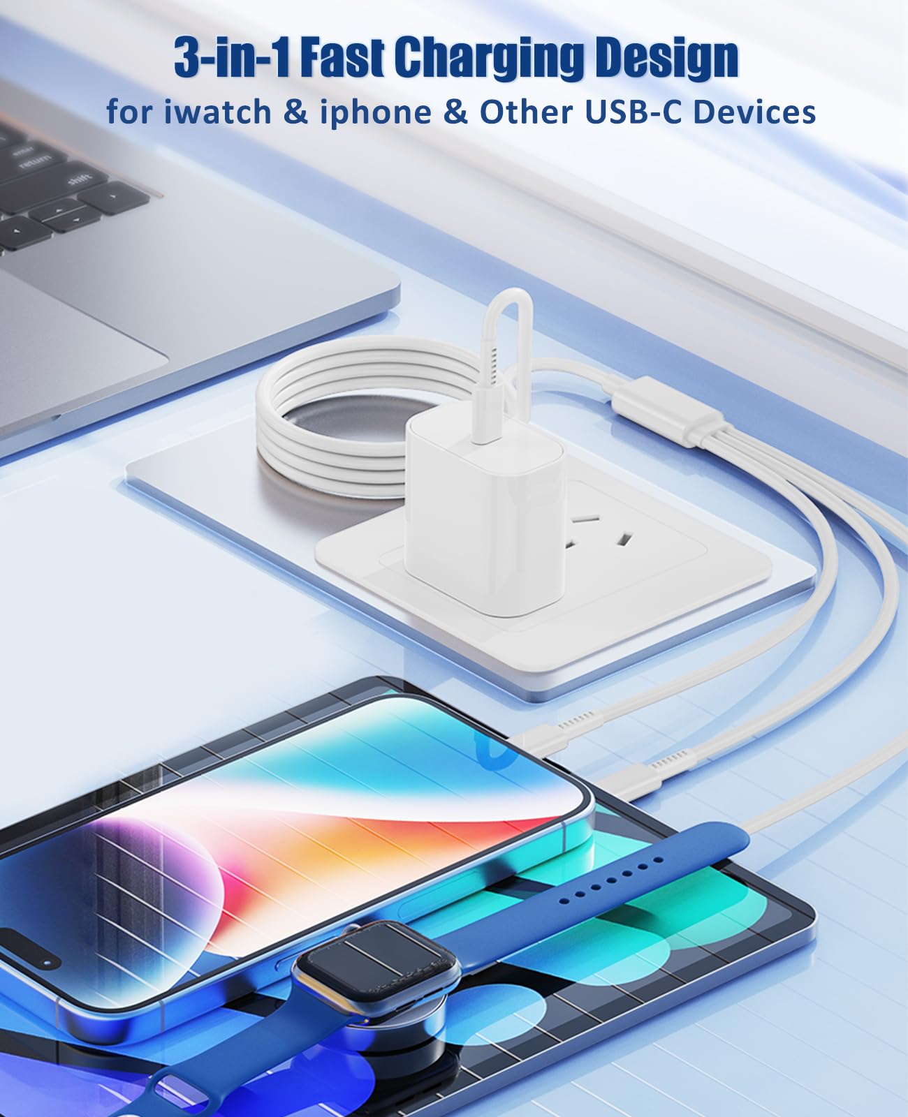 Hcoob 3-in-1 charger for iPhone and Apple Watch with USB-C fast charging.