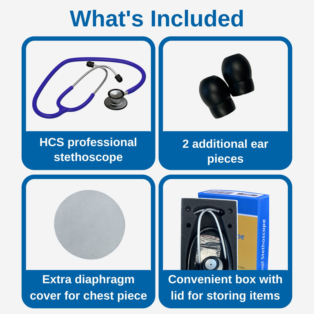 HCS blue stethoscope ear tips provide secure, comfortable fit during long shifts.