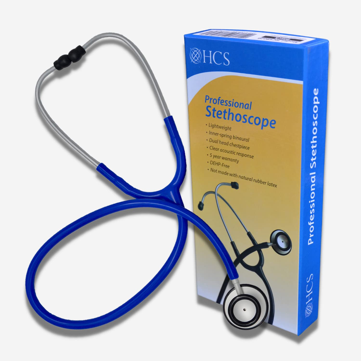 HCS blue stethoscope head-rotation usage demonstrates frequency adjustments.