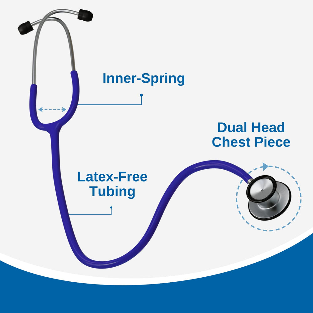 HCS blue stethoscope with rotating dual head for flexible auscultation.