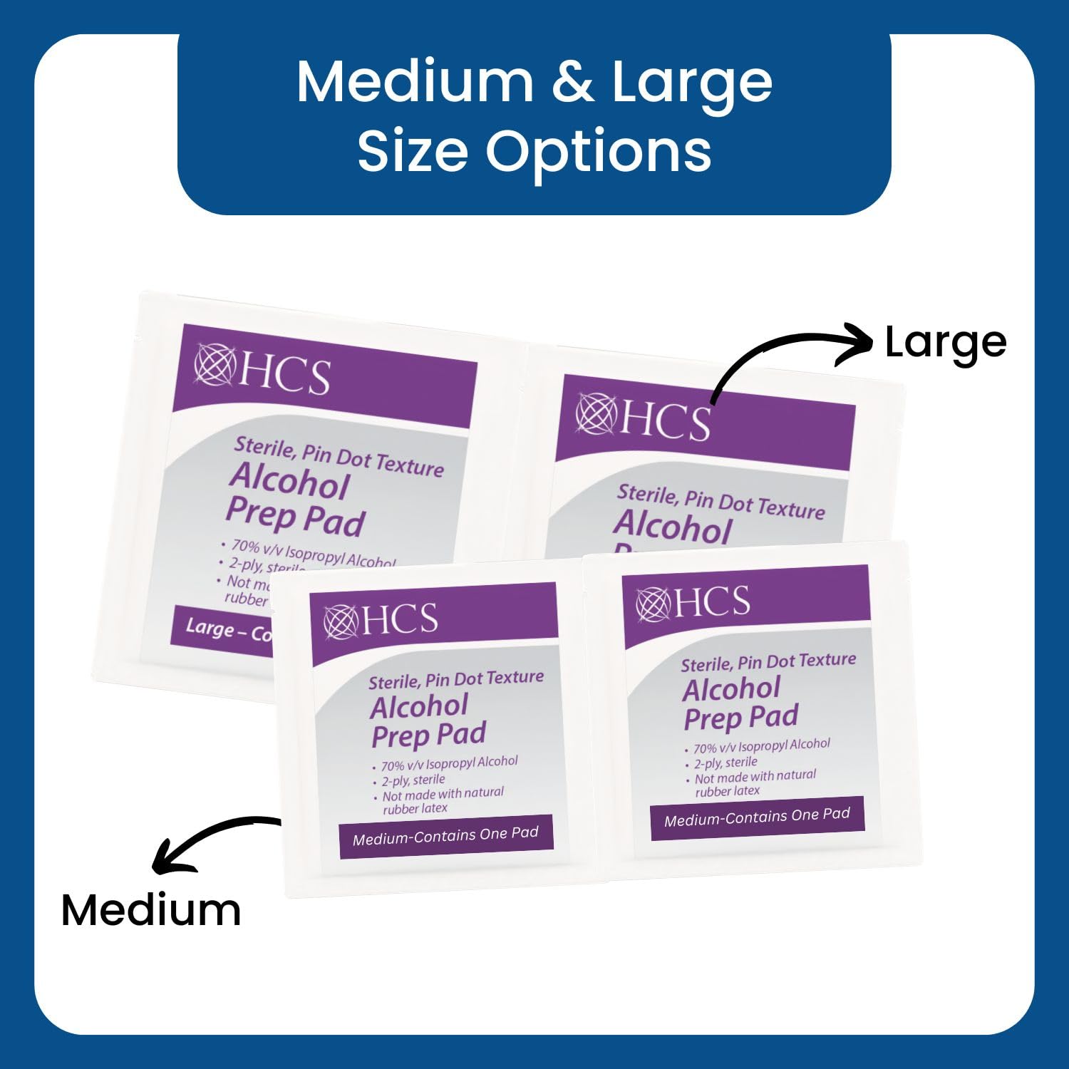 HCS alcohol pads suitable for skin prep and cleaning personal items.