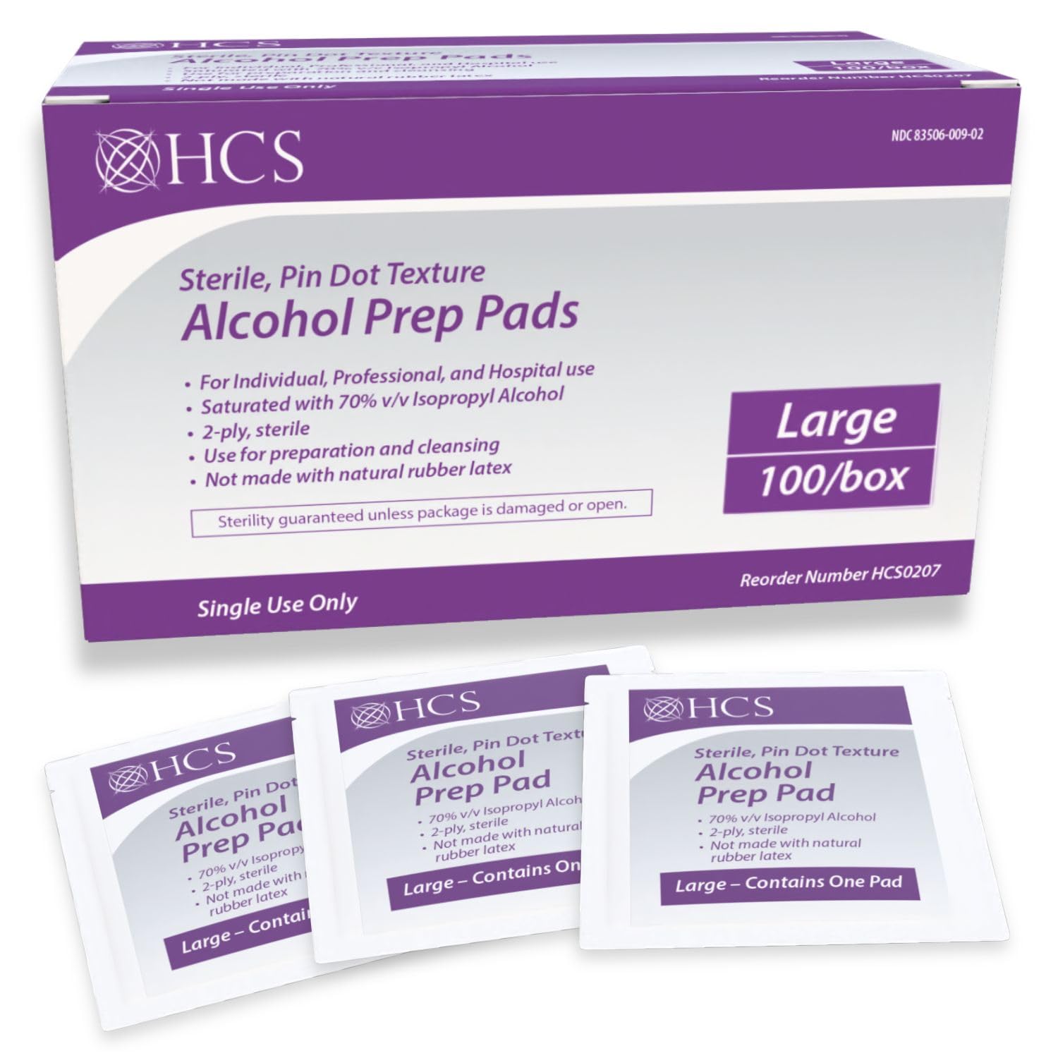 HCS Medical Solutions large alcohol pad box ready for injections and first aid prep.